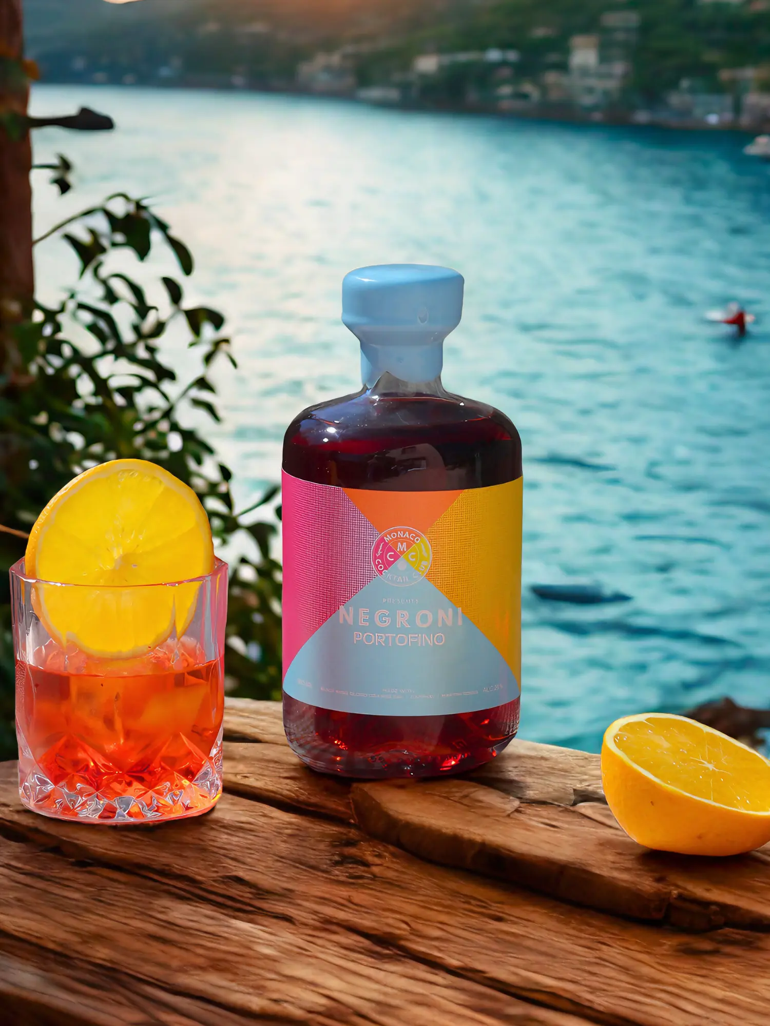 Negroni Portofino Overlooking a Mediterranean Cove A bottle of Monaco Cocktail Club's Negroni Portofino sits on a rustic wooden ledge next to a prepared cocktail in a crystal glass garnished with a lemon wheel. The background shows the sunlit azure waters of a Mediterranean cove, capturing an idyllic Portofino-inspired aperitivo moment.